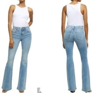 NWT River Island Size 18 True Blue Denim High-Rise Flare Jeans Bohemian Retro 70